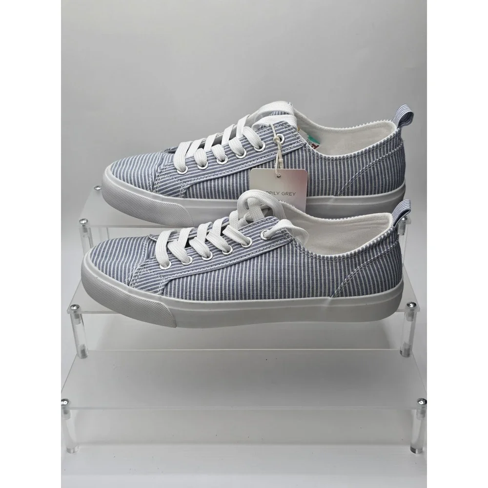 Happily Grey Yacht Sneakers Womens 8.5 Blue White Striped New Canvas Lace Up Low